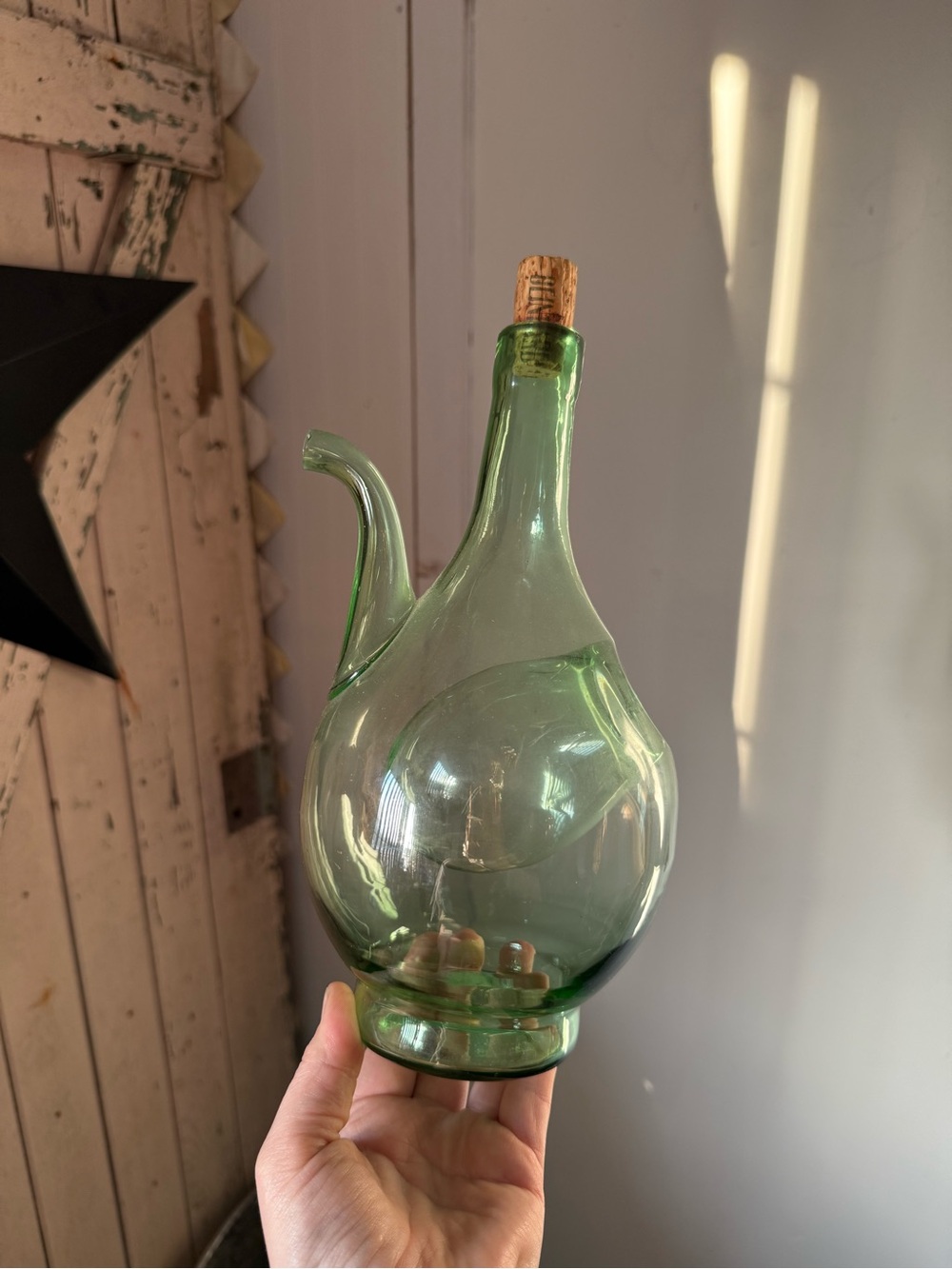 Green Glass Olive Oil Cruet with Cork Stopper - Picture 1 of 1
